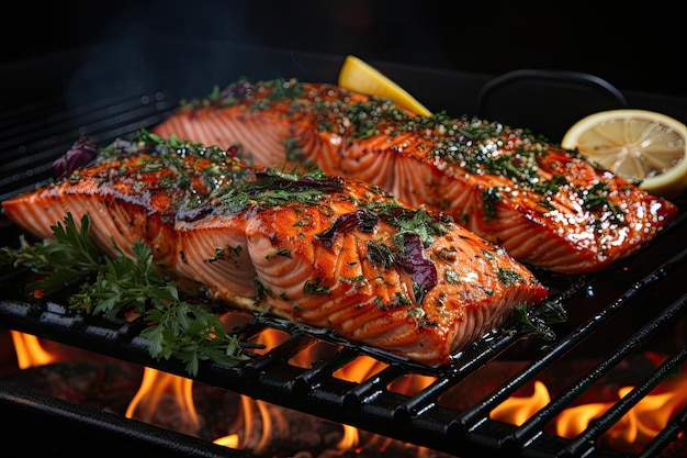 Grilled salmon fillet with lemon on top on a flaming charcoal grill cooking fish on fire Generative AI