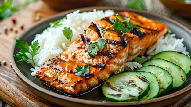Grilled salmon fillet with rice and vegetables on wooden table