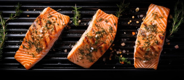 Grilled salmon fillets seasoned with salt pepper and herbs are cooked on a grill gray background