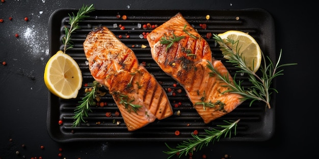 Grilled salmon fillets steaks with salt pepper and herb on grill Gray background T Generative AI