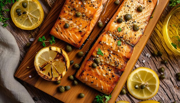 Grilled Salmon Fillets with Lemon and Capers on Board