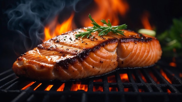 Grilled salmon fire smoke