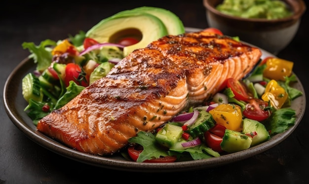 Grilled salmon fish fillet and fresh green lettuce vegetable tomato salad with avocado guacamole generative AI