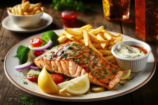 Grilled salmon French fries and vegetables