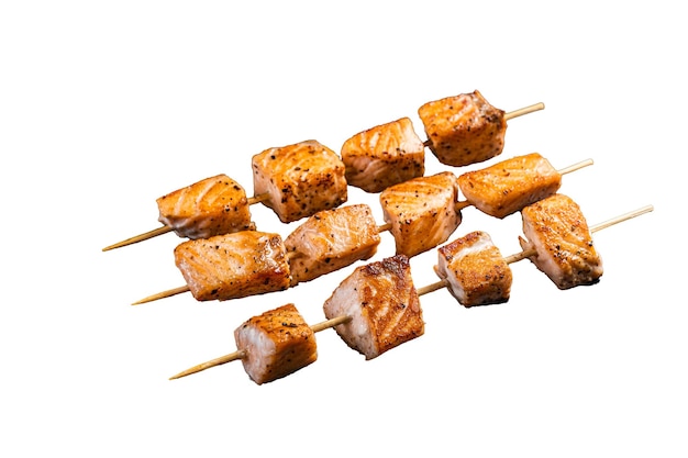 Grilled salmon kebab skewers Isolated on white background