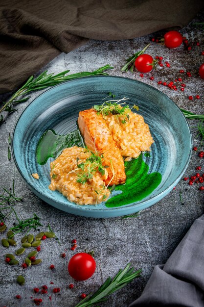 Grilled salmon and salmon steak with rice and sauce