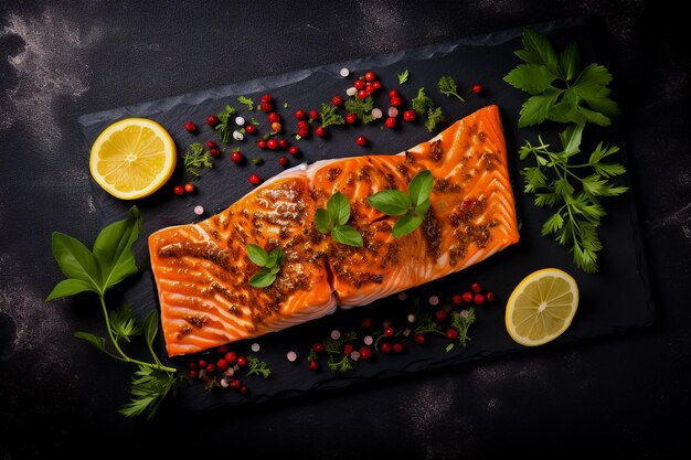 Grilled salmon and spices on stone plate top view photo for the menu