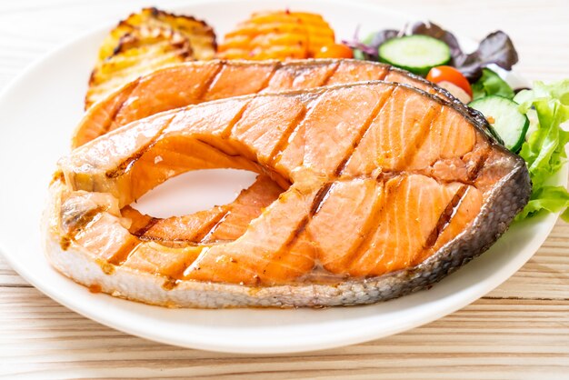 grilled salmon steak fillet with vegetable