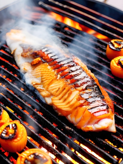 Grilled salmon steak on the grill with flames in the background generative ai