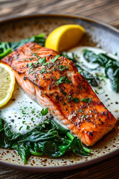 Grilled salmon steak with asparagus and cherry tomatoes on a white plate