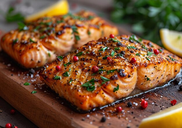 Photo grilled salmon steak with red pepper and lemon slice on wooden boardmacroai generative