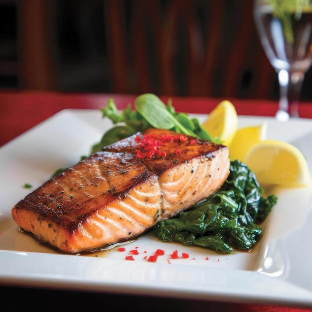 Grilled salmon steak with spinach and lemon on white plate in restaurant