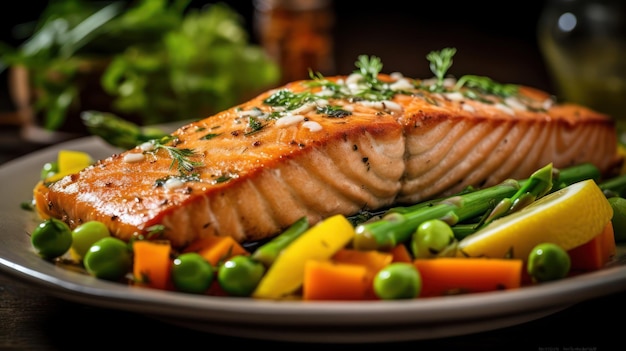 grilled salmon steak with vegetables