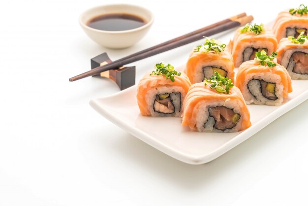 grilled salmon sushi roll - japanese food style