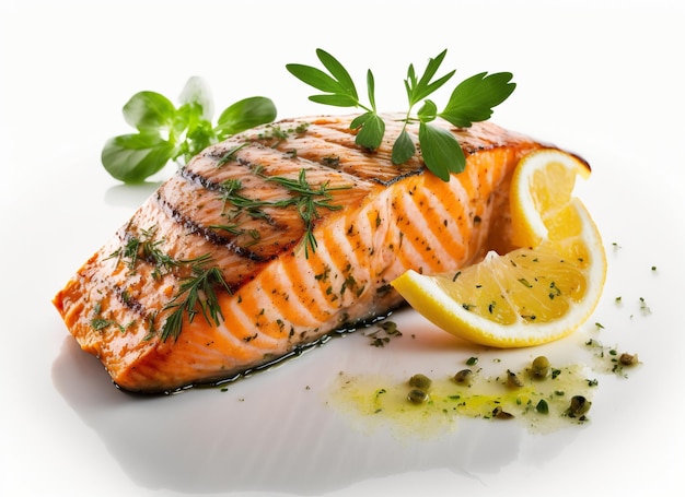 grilled salmon on white background