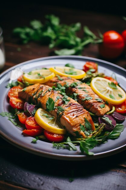 Grilled Salmon with Asparagus and Tomatoes