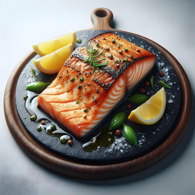 Grilled salmon with asparagus on white plate isolated on black background