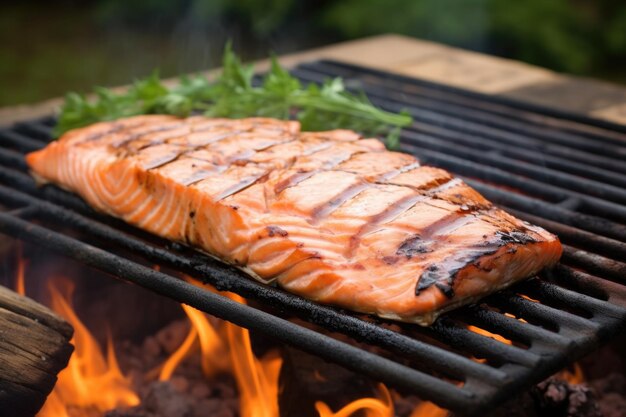 Grilled salmon with char marks on a cedar plank