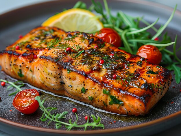 Grilled salmon with lemon and herbs on a plate