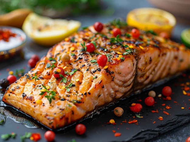 Grilled salmon with lemon and herbs on a slate