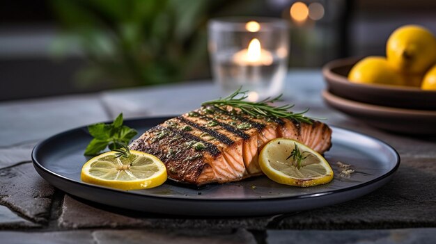 Grilled Salmon with Lemon and Herbs on White Plate