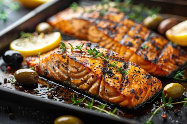 Grilled Salmon with lemon olives and fresh thyme