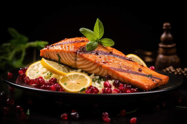 Grilled salmon with pomegranate and lemon on black background Grilled salmon with couscous and cranberry on black background AI Generated