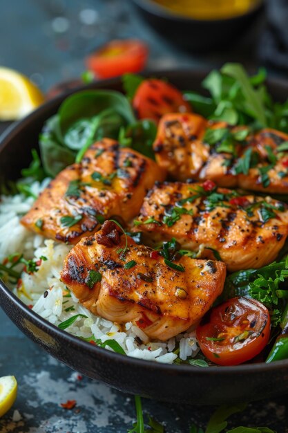 Photo grilled salmon with rice and vegetables