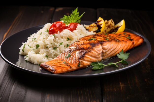 Premium Photo | Grilled salmon with roasted vegetables and rice