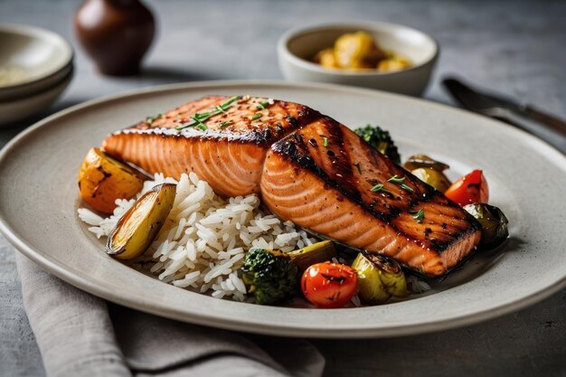 Grilled salmon with roasted vegetables and rice