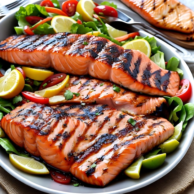 Grilled salmon with salad AI generated