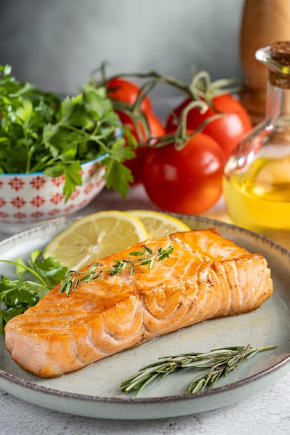 Grilled salmon with spices on the plate