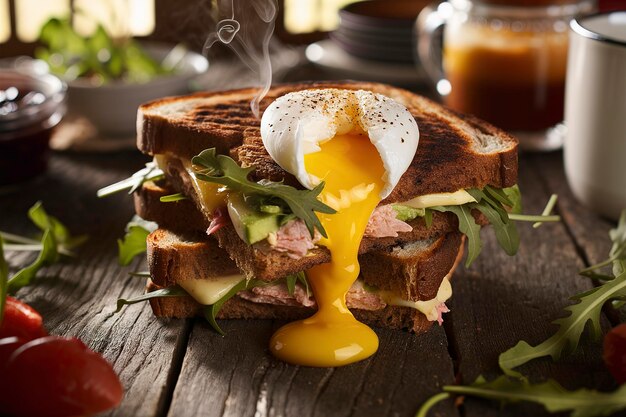 Photo grilled sandwich with avocado poached egg and arugula on wooden table