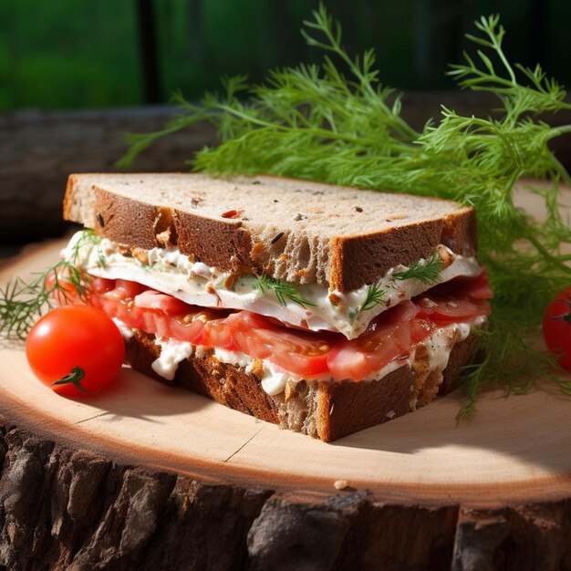 Grilled and sandwich with bacon fried egg tomato and lettuce served on wooden cutting board