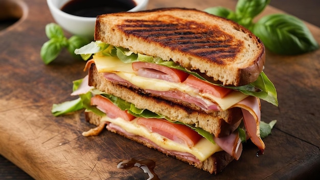 Grilled sandwich with ham cheese tomato and lettuce served on wooden cutting board