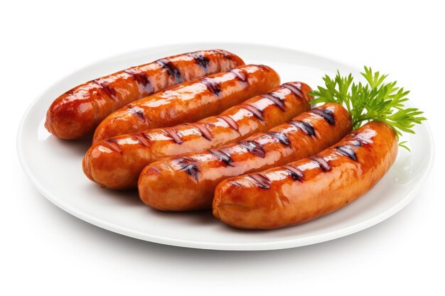 Grilled sausage bbq on plate isolated on white background