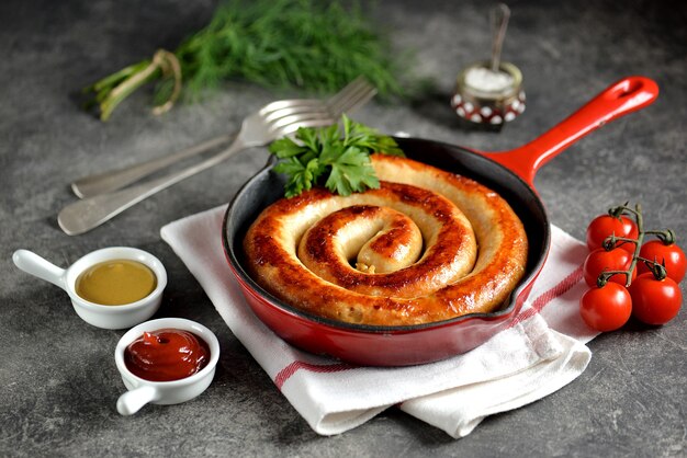 Grilled sausage in a cast iron pan