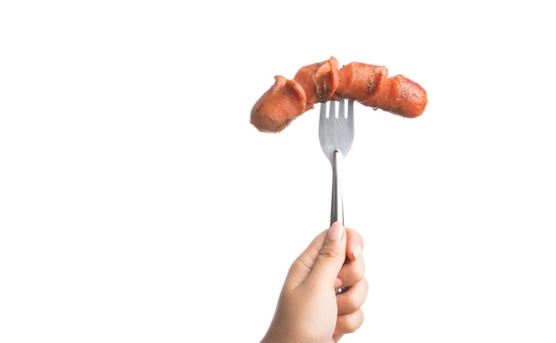 Photo grilled sausage on fork isolated