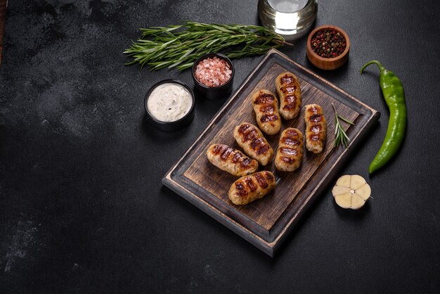 Grilled sausage with the addition of herbs and vegetables on the dark background