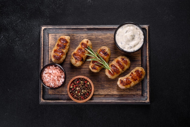 Salsiccia alla griglia con aggiunta di erbe e verdure su fondo scuro