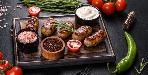 Grilled sausage with the addition of herbs and vegetables on the dark background