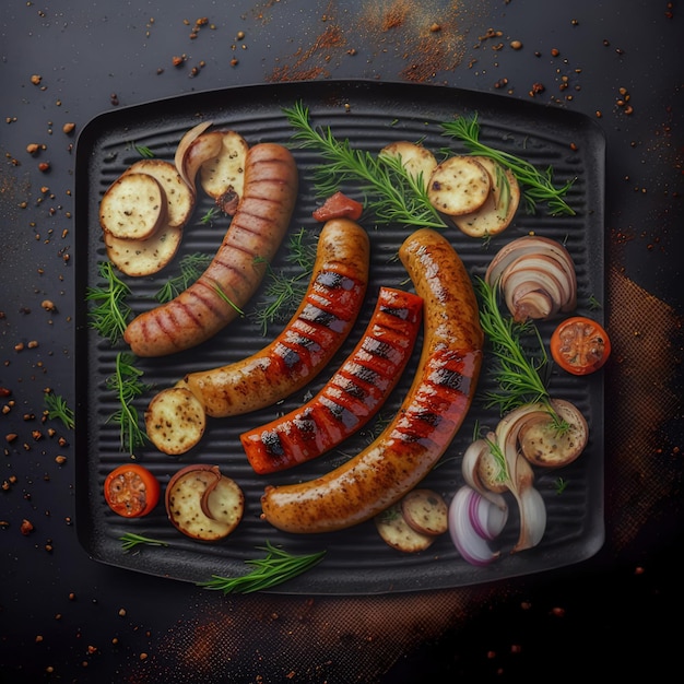 Grilled sausage with the addition of herbs and vegetables on the grill plate
