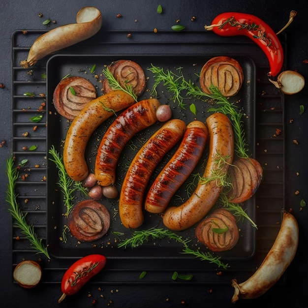 Grilled sausage with the addition of herbs and vegetables on the grill plate