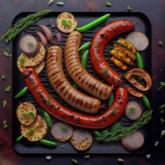 Grilled sausage with the addition of herbs and vegetables on the grill plate