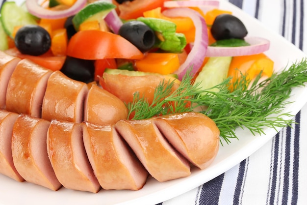 Grilled sausage with fresh salad close up