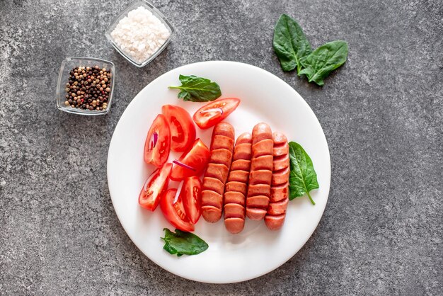 돌 배경에 토마토 그린 샐러드와 붉은 양파를 곁들인 구운 소시지