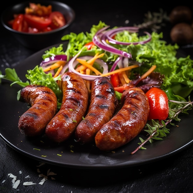 Photo grilled sausages and fresh salad delight