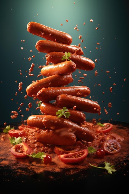 grilled sausages levitation in the air with ketchup on dark blue background