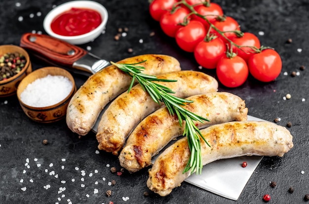 grilled sausages on a meat knife on a stone table