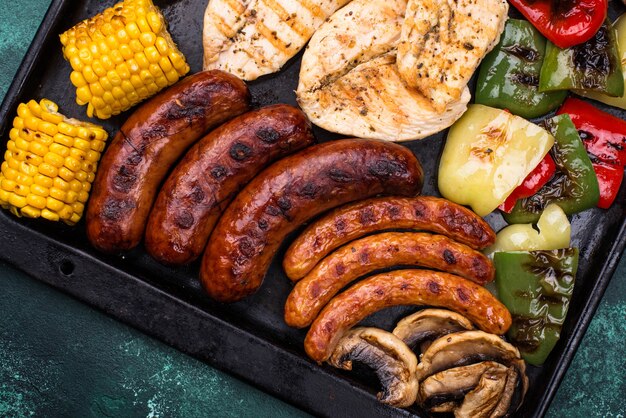 Grilled sausages meat and vegetables